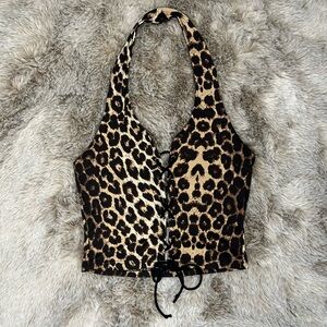 Shein Leopard Print Halter Lace Up Crop Top NWOT